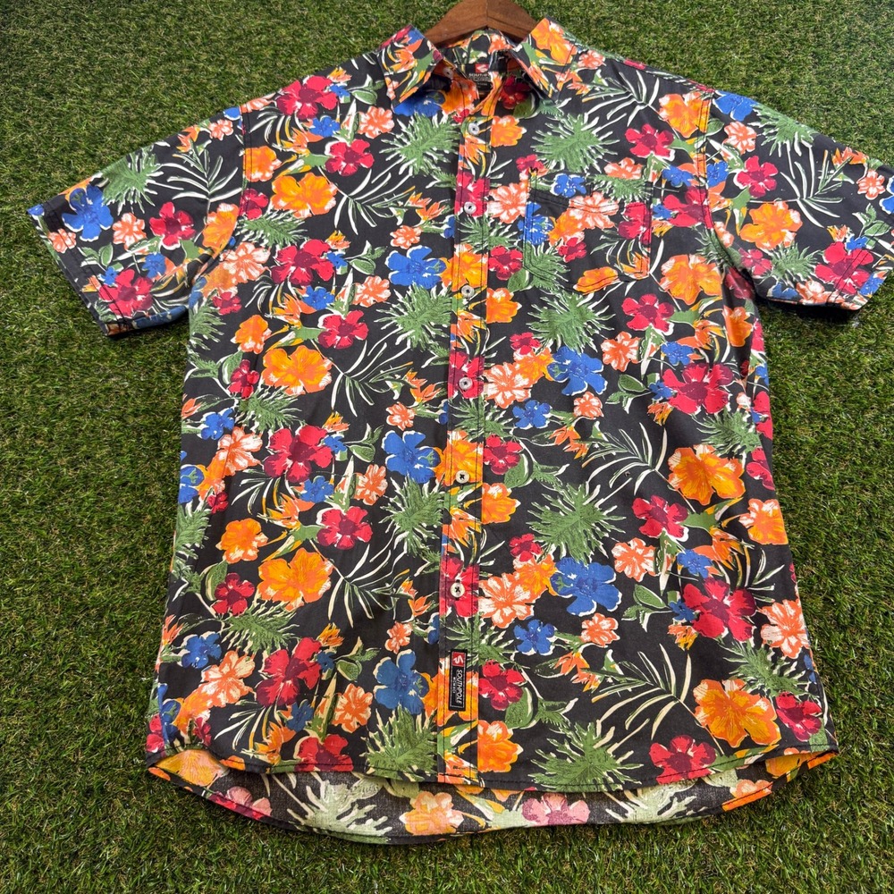 Southpole Mens XL Tropical Floral Button Down Shirt Black Short Sleeve Summer